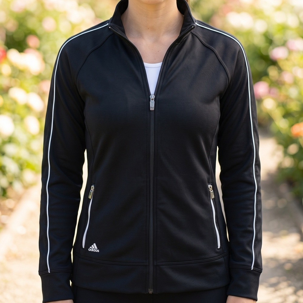 Adidas Climalite Golf Jacket Black Full Zip Mock Neck White Piping Raglan Sleeve